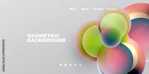 Abstract colorful circles overlap, creating dynamic visual effect. Minimalist design with text elements for navigation, presentation.