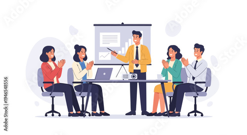 Business meeting success: team applauds presenter at whiteboard presentation