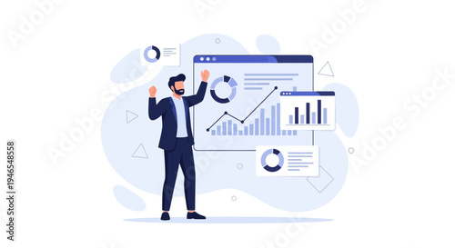 Businessman celebrating success with financial charts and data analysis on screen