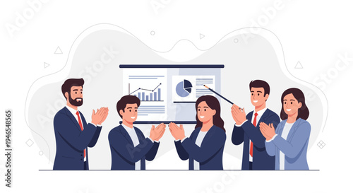 Business team applauds successful presentation with charts on screen