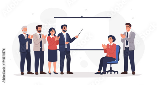 Business meeting presentation success, team applauding speaker at whiteboard