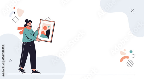 Woman holding framed abstract art, modern gallery, minimalist design, creative concept