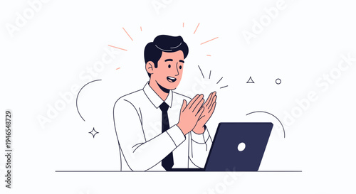 Excited businessman clapping hands in front of laptop, celebrating success, online achievement