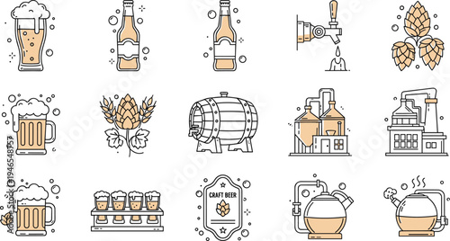Craft beer brewing line icon set with beer mug bottle hops barrel brewery equipment and alcohol beverage illustration
