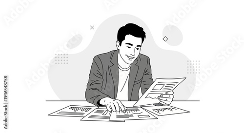 Man reviewing documents and charts at desk, business analysis, planning, strategy, workflow