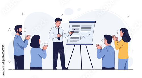 Business presentation success: speaker, whiteboard, and applauding team celebrating achievement