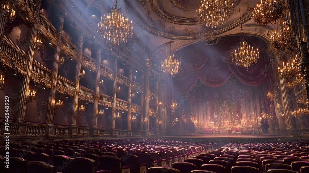 Obraz premium Historic theater interior with illuminated stage and balconies, cultural performance venue concept, classic architecture.