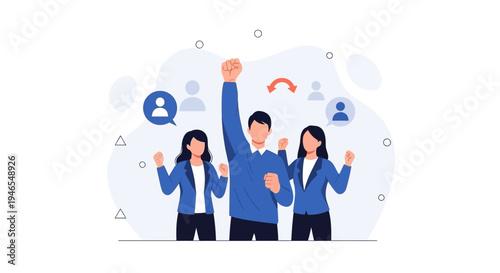 Teamwork Success: Business People Celebrating Victory with Raised Fists and Cheering