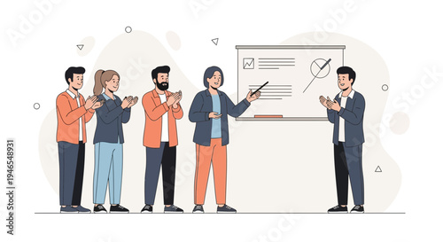 Team Applauding Presentation Success: Business Meeting, Collaboration, Achievement