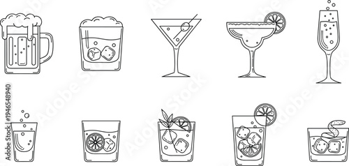 Cocktail and alcohol drink line icon set with beer martini margarita whiskey glass citrus garnish bar beverage illustration