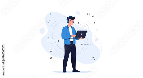 Young man with headphones working on laptop, modern flat illustration