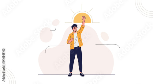 Man raising fist in air with sun rising behind him, symbol of success and achievement