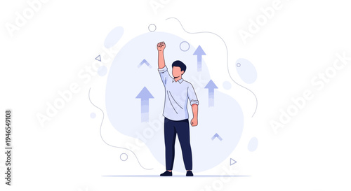 Man celebrating success with rising arrows, concept of growth and achievement