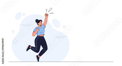 Woman celebrating success with fist pump, jumping with joy, energetic, motivational, flat design