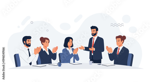 Business meeting success, team applauding speaker at conference table, flat design illustration
