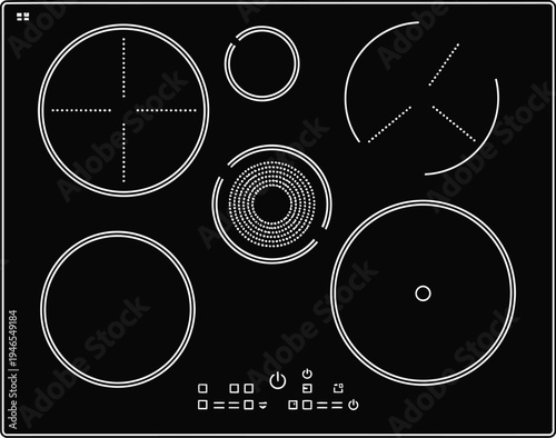 Modern induction cooktop with multiple cooking zones and control panel