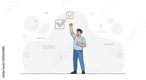 Man celebrating success with checkmark, concept of achievement and task completion