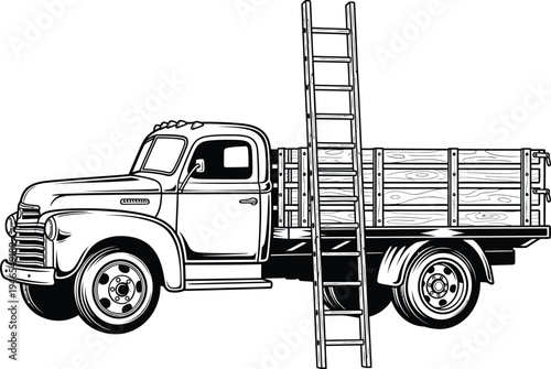 Detailed Black and White Vintage Truck with Wooden Bed and Ladder.