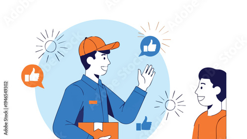 Un ilustrador vectorial de un chico de reparto con un paquete en un entorno de diseño plano y moderno, listo para usar en proyectos de marketing o publicidad en España.