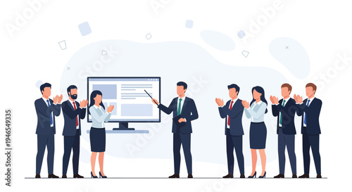 Business Team Applauding Speaker Presenting Data on Large Screen