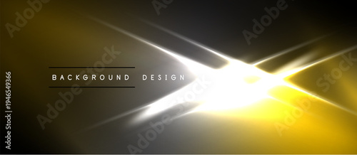 Abstract design features bright lines, golden hues, dark background. Modern aesthetic, dynamic energy, simple text overlay present.