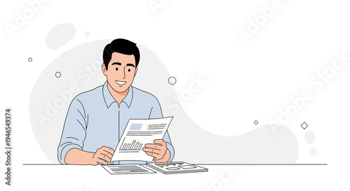 Man in light blue shirt reviewing financial report with charts at desk, business concept