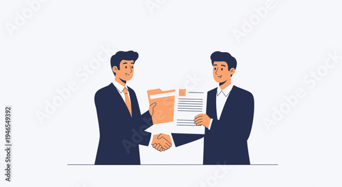 Businessmen shaking hands over documents and folder, agreement and partnership concept