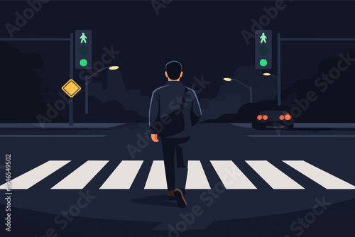 Man walking on a crosswalk at night in the city, feeling urban loneliness or commuting