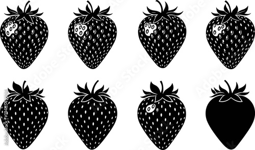 Strawberry silhouettes vector illustration set, fresh fruit icons collection in black and white style, organic berry designs isolated for food packaging branding