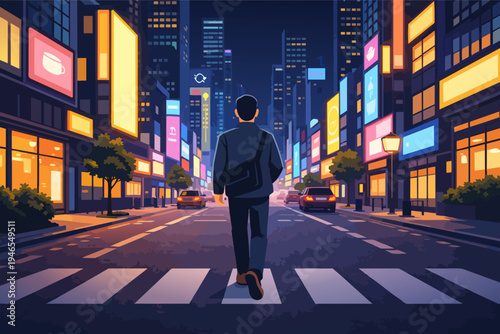 Young man walking on a crosswalk in a vibrant city at night under neon light signs