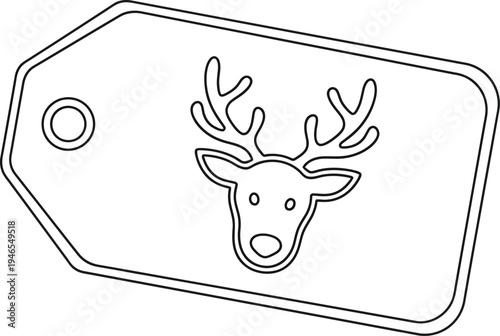 A simple line drawing of a reindeer head on a gift tag with a hole