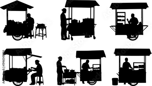 Street Food Vendor Silhouette Set, Various Cooking and Selling Activities, Mobile Market Cart, Isolated Monochrome Commercial Vector Illustration Collection
