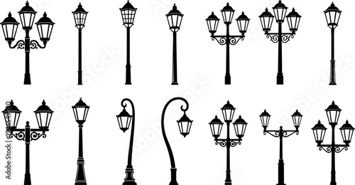 Street lamp silhouettes vector set, vintage urban lighting collection, classic lantern poles illustration for city street, park, outdoor decor design