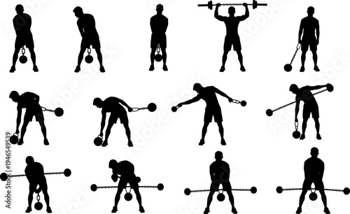 Strength training athlete silhouettes, kettlebell and mace exercises vector illustration, fitness workout poses collection, gym bodybuilding movements, black and white design