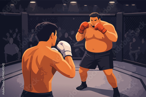 Boxers competing in an octagon cage, showing power and confrontation