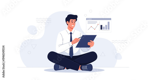 Businessman analyzing charts on tablet, sitting cross-legged, modern flat illustration