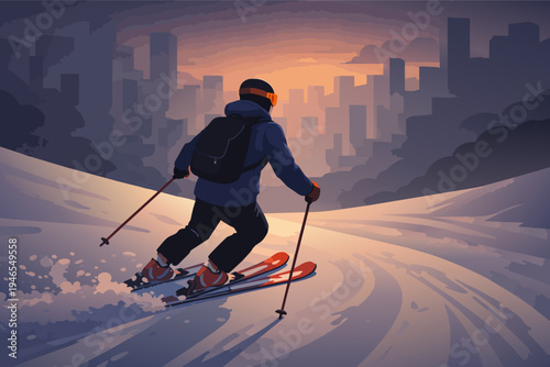 Skier speeding down a snowy slope with urban city skyline at colorful sunset