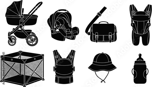 Stroller, Car Seat, Carrier, Playpen, Diaper Bag, Hat, and Bottle Black Vector Icons