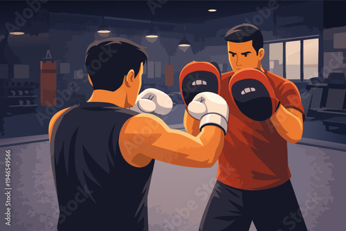 Two men training boxing in a gym, practicing punches with focus mitts