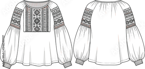 boho, embroidered, blouse, technical, flat, sketch, front, back, view, long, sleeve, ethnic, pattern, folk, women, apparel, garment, clothing, template, vector, illustration, fashion, design