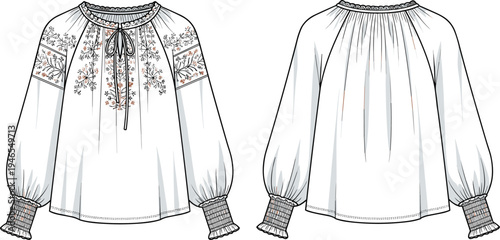 boho, embroidered, blouse, technical, flat, sketch, front, back, view, long, sleeve, floral, ethnic, women, apparel, garment, clothing, template, vector, illustration, fashion, design