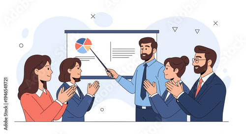 Business team applauding speaker presenting pie chart on whiteboard in meeting