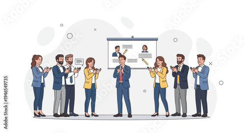 Business team applauding speaker at presentation, success and teamwork concept