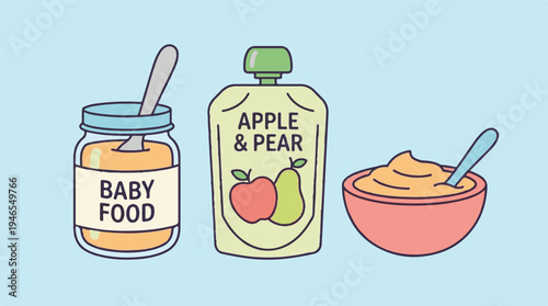 Illustration of baby food products: jar, pouch, and bowl with fruit puree
