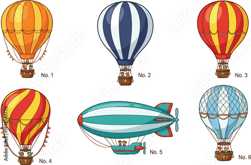 colorful, cartoon, hot, air, balloons, collection, vintage, airship, illustration, travel, adventure, sky, transport, set, isolated, vector, design, playful, kids, aviation