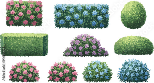 Stylized Illustration Set of Various Garden Hedges and Flowering Shrubs in Pink, Blue, Purple, and Green for Landscape and Nature Design