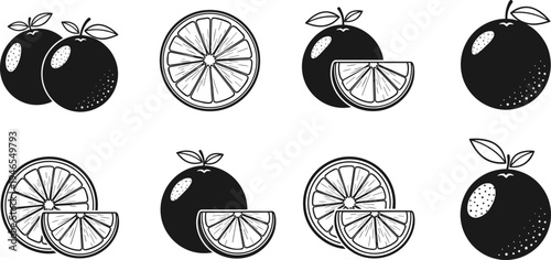 Stylized orange and citrus fruit vector icon set, black and white minimal illustration collection of whole and sliced fruits with leaves, food and drink graphic assets.