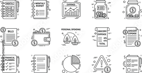 Personal budget and expense management line icon set including monthly budget bills payment grocery expense financial planning and money tracking concept