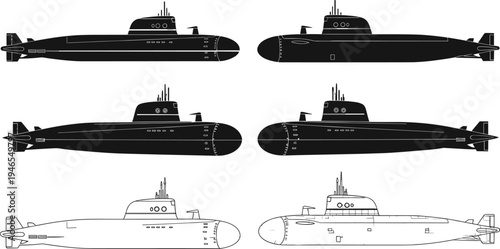 Submarine icon set, black silhouette and outline naval vessel symbols, military underwater boat vector illustration collection for defense, ocean, maritime design