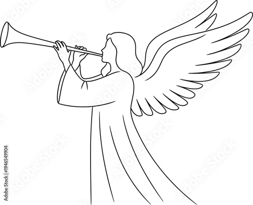 A single line drawing of an angel blowing a trumpet with large wings spread out